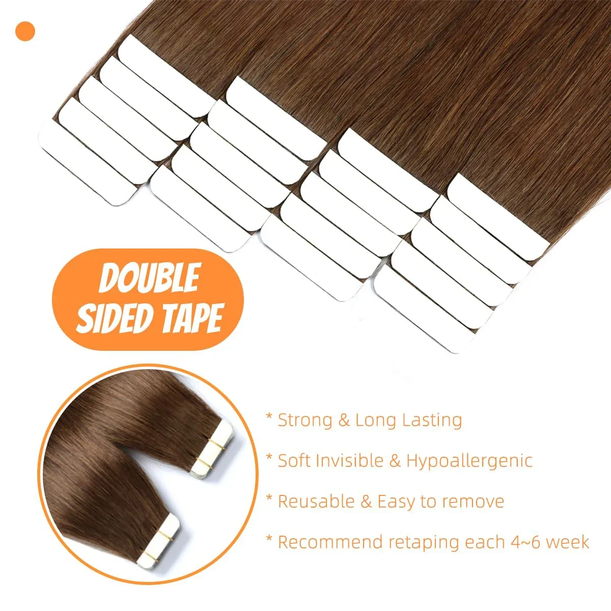 Extensii de păr cu bandă adezivă, păr natural, maro, drept, Remy, fără cusături, invizibil, 20 buc., 16-26 inch_voghion.com