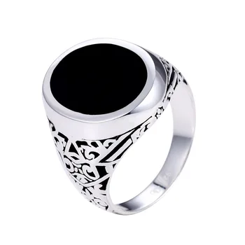 Hot Selling Fashion Vintage Jewelry Natural Agate Stone Black Rings Men's Genuine 925 Sterling Silver Men's Rings