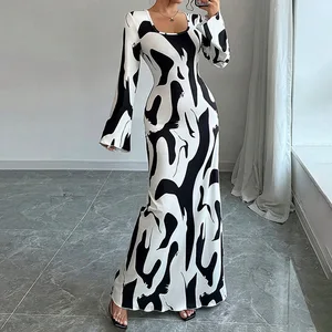 Women's Autumn Winter Long Dress 2026 European and American fashion Elegant Printed Flared Sleeve Dress