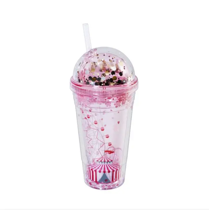 Glitter Double Wall Plastic Straw Tumbler Cups Wholesale Cold Drink Water  16 oz Reusable Acrylic Glitter Tumbler Cups With Straw