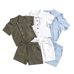 Wholesales Summer Cotton Linen Casual Short Sleeve Lapel Kids Polo Shirts Solid Color Boys Clothing Set