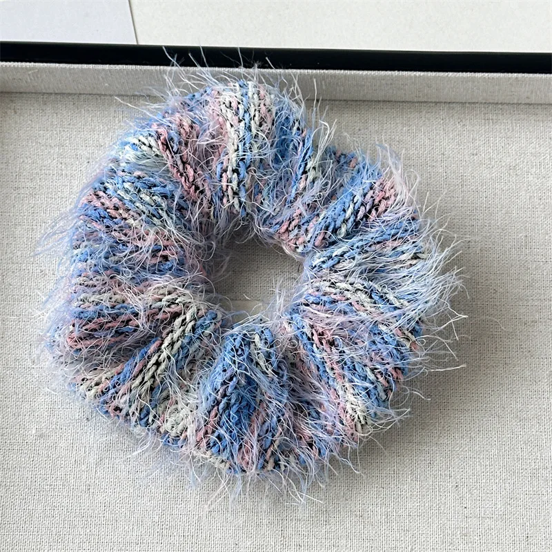 Sweet Autumn Winter Hair Accessories Soft Mixed Color Mohair Yarn Knitting Stripe Plush Scrunchies Elasticity Bands