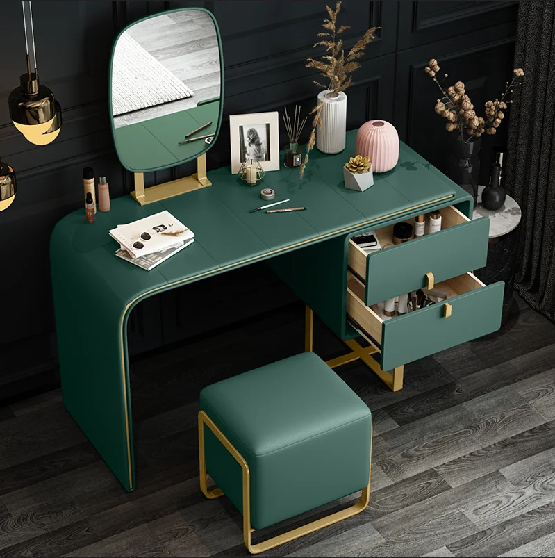 dark green dressing room Green Makeup Vanity Set Expandable Dressing Table with Mirror&Side  Cabinet&Stool main image 1