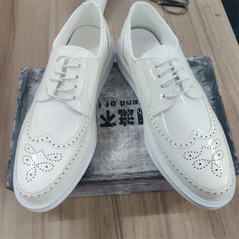 Mens Leather Brogue White Sole Mens Dress Shoes Thick Sole Size 38 - Main Image