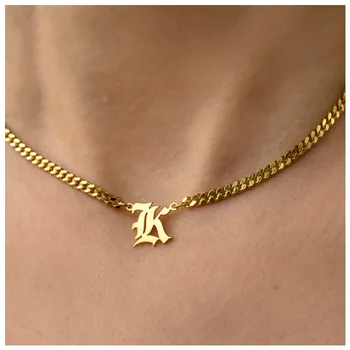 Fashion Initial Letter Customized Name Old English Necklace Jewelry Curb Cuban Stainless Steel Link Chain