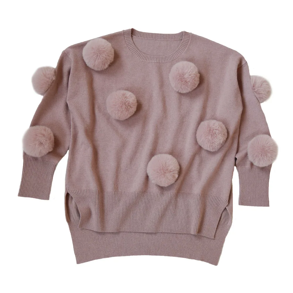 Women Knitted With Fox Fur Pom Pom Casual Long Sleeve Jumper Cute Sweater  Wool Blended Pullover Top