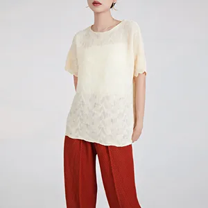 Korean Style Loose T-shirt for Women Summer New Round Neck Solid Color Minimalist Miyake Pleated Versatile Top