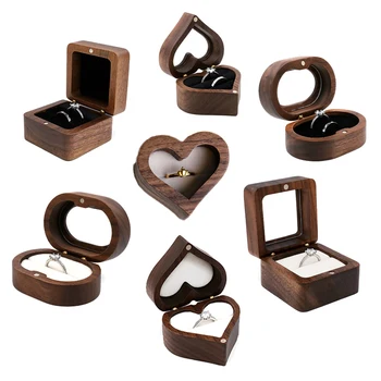 Custom Engrave Logo Luxury Walnut Small Gift Packaging Engagement Wedding jewelry Wood Ring Box