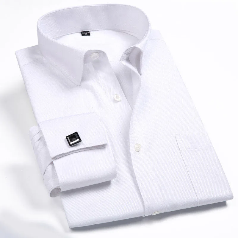 RNSHANGER Camicia elegante da uomo con polsini francesi Nuovi bottoni casual bianchi a maniche lunghe Marca maschile S Regular Fit Business Male95_voghion.com