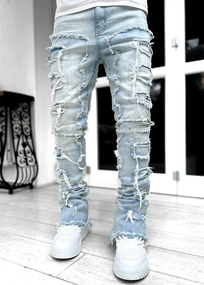 New Men's Design Ripped Vintage Slim Jeans Blue Distressed Patchched Men Pants Denim Pantalones De Hombre Jeans