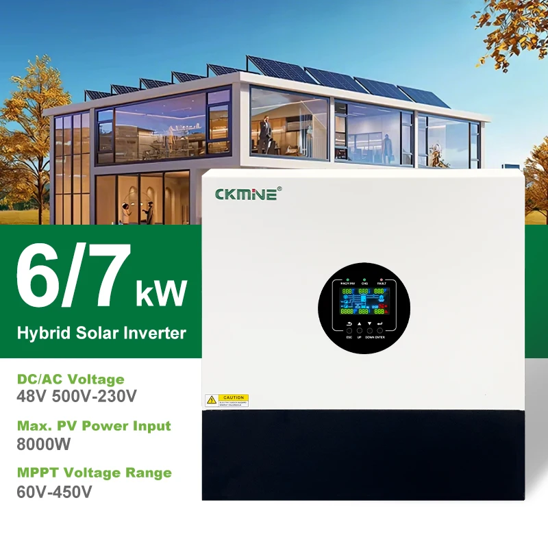 CKMINE 6kW 7kW Solar Hybrid Inverter 48V 500VDC 2 MPPT 2 Output Single Phase 220V 230V Grid Tie Off Grid for Home Energy System