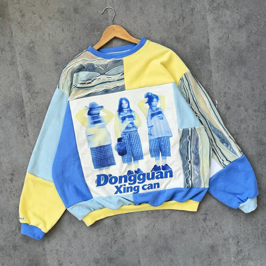 Aangepas vintage-mannes crewneck-sweatshirt met portretstukwerk, borduurwerkstuk, DTG-druk, swaar geborselde katoen, Y2K-straatklere