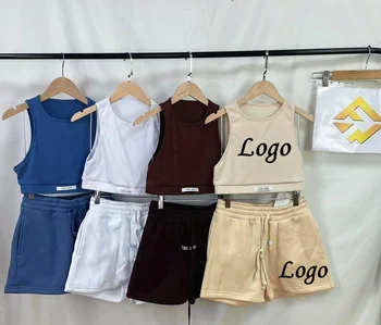 New arrival summer custom logo tank crop top with shorts jogger set Tracksuit two piece set women clothing