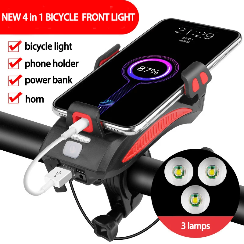 in Bike Mobile Phone Holder Power Bank Cycle Front Light Waterproof  Rechargeable Bicycle Light with Horn