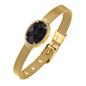 New Arrival Women's Stainless Steel Bracelet with Gold Mesh and Creative Oval Shape Zircon Adjustable Bangles