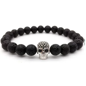 Bestone 2022 Hot sale Trendy Micro Pave CZ Skull Lava Beads Men Bracelet Essential Oil Diffuser Bracelet