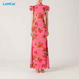 Summer Fashion O Neck Sleeveless Floral Print Satin Maxi Long Dress