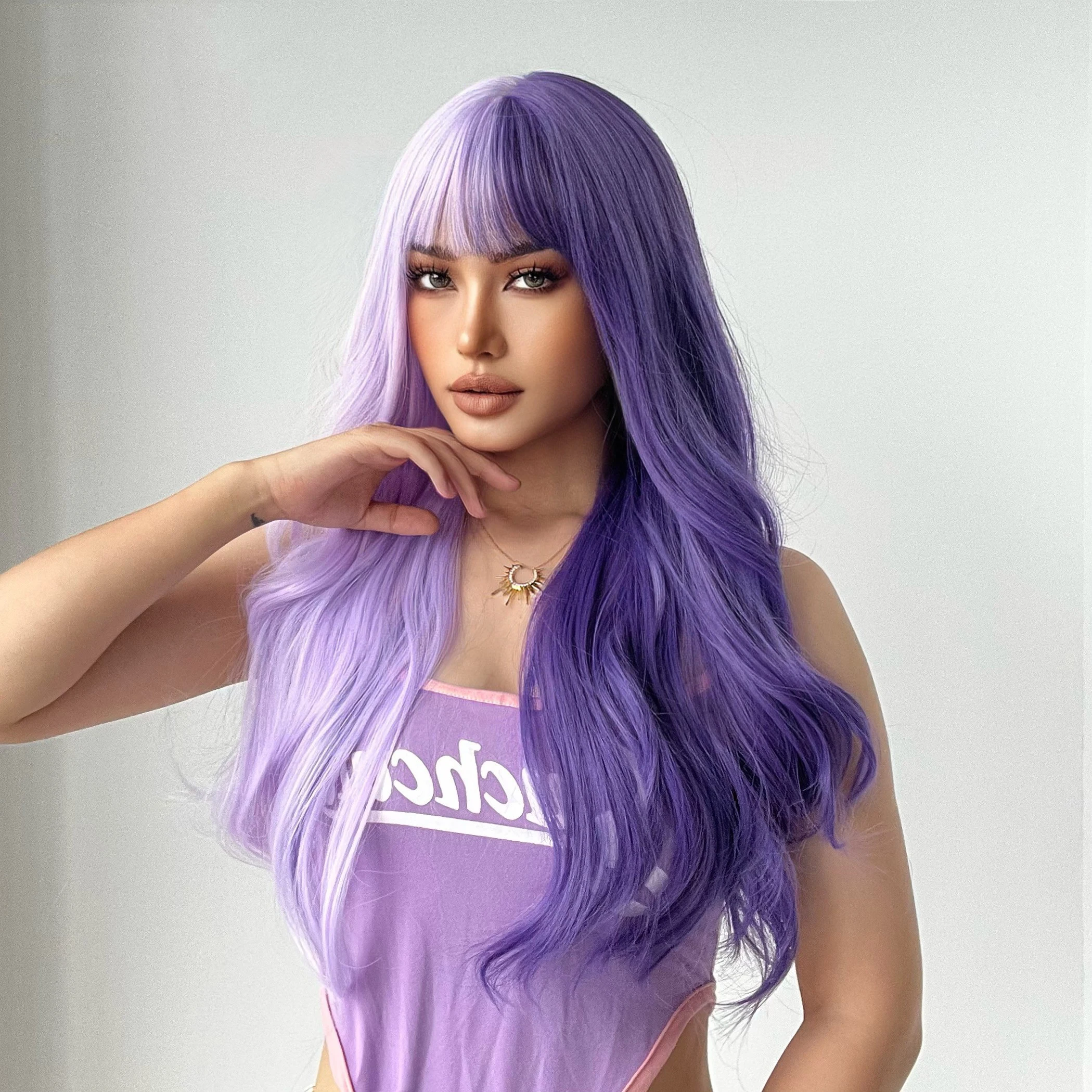 Fast Delivery Synthetic Purple Wig Natural Blonde Wavy Hair Wig Cosplay  Orange Brown Daily Wig With Bangs