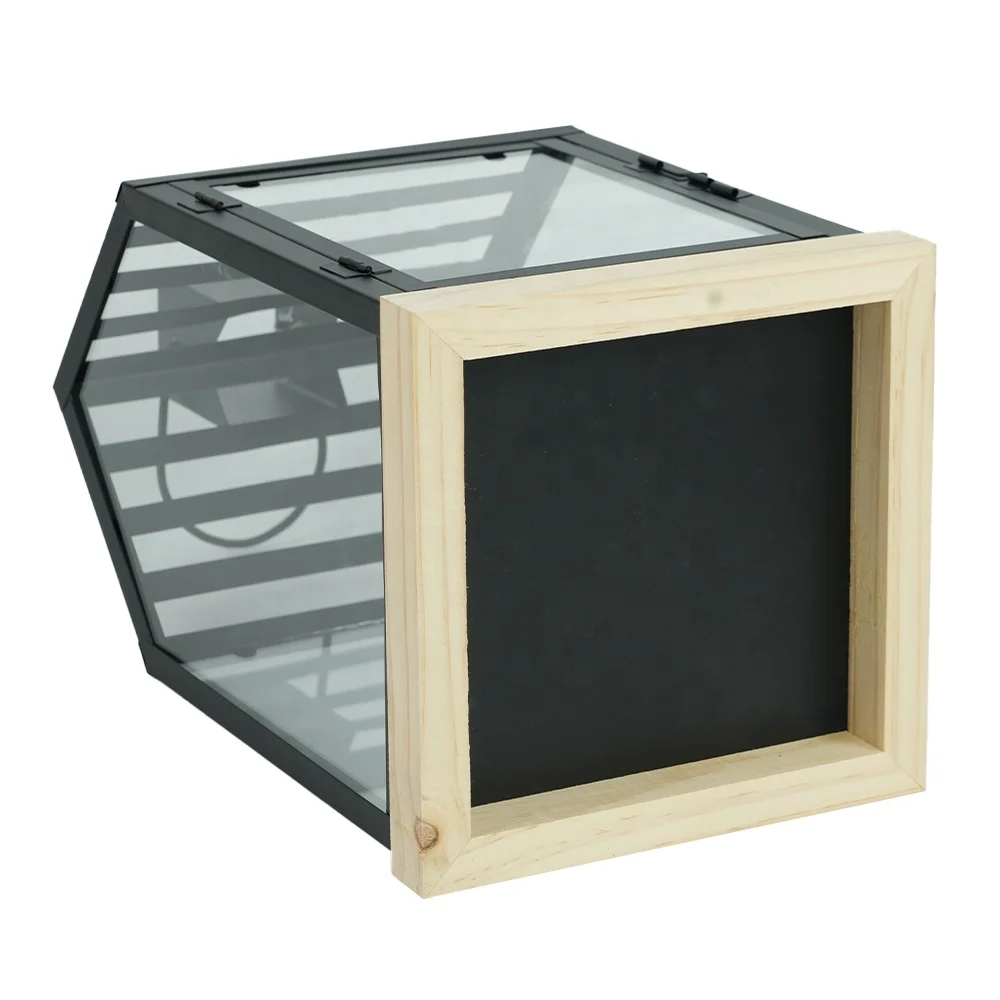 Set of 2 House Design Metal Lantern with Wooden Base Glass Panels Lanterns
