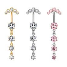 10Pcs/Set Pink Zircon Inlay 4 Large Round Zircon 5 Diamond Navel Ring Dangle Stainless Steel Belly Rings Piercing for Women