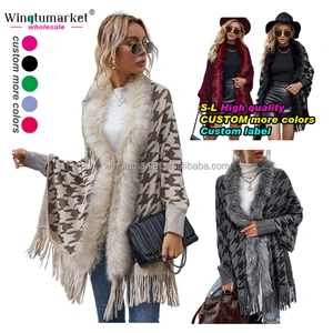 Custom Autumn Women Coat Cardigans Sweaters Houndstooth Pattern Long Fur Collar Tassel Casual Sweater Knit Cardigan