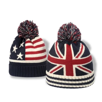 High quality custom In stock boy hat embroidery logo American USA cotton knit cap pom pom beanie