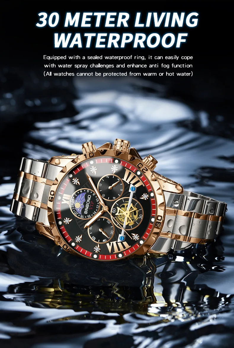 Binbond B3103 Flywheel Moon phase Quartz Watch for Men