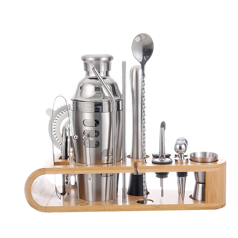 700ML Professional Multi-function Bartending Set Bamboo Wood Stand Kit Bartender Barware for Bar Party