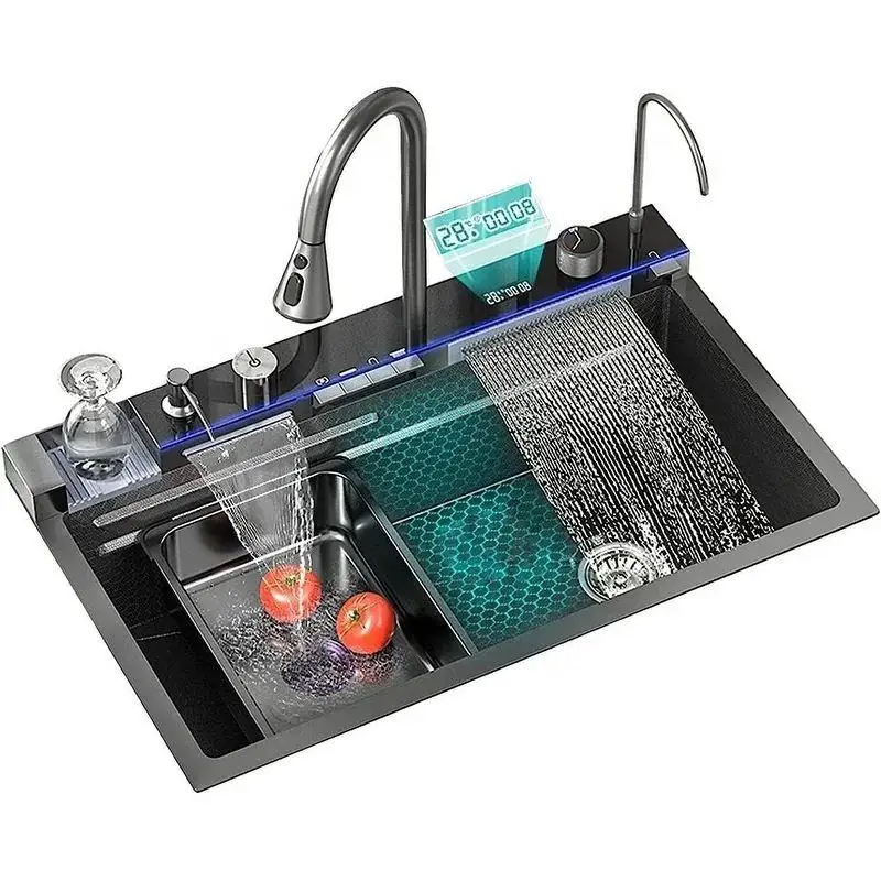 Smart Whole Set Sink Kitchen Stainless Steel Pull Out Kitchen Faucet for Sink with Faucet Hole Waterfall Nano Sink