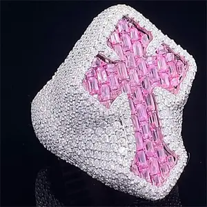Luxury 925 Sterling Silver Men's Rings D Color Pink Cross Design VVS Moissanite Hip Hop Style for Wedding & Engagement