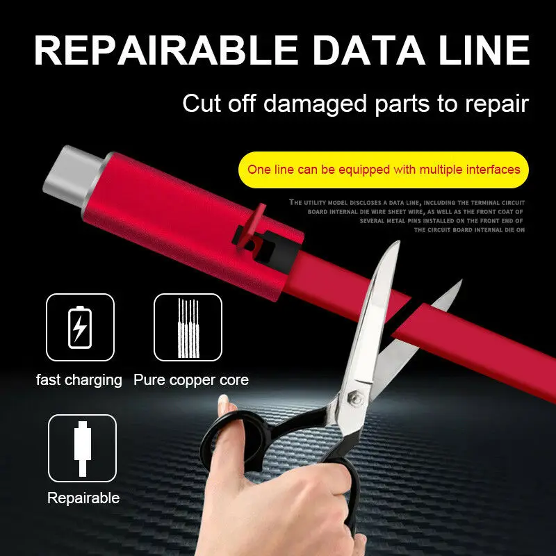 1m 2m 3m Type C Cutting Repairable Repair USB Chargeing Cable for Cell Phone Accesory Mobile Data Line Cable