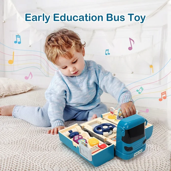 Kids Play Vehicle with Sound and Light Steering Wheel Musical School Bus Toy for Toddler