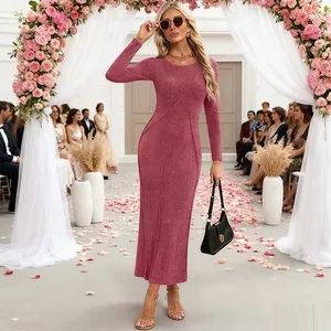 Womens 2026 Fall Winter Long Sleeve Ribbed Knit Sweater Maxi Dress Elegant Bodycon Wedding Guest Long Dresses