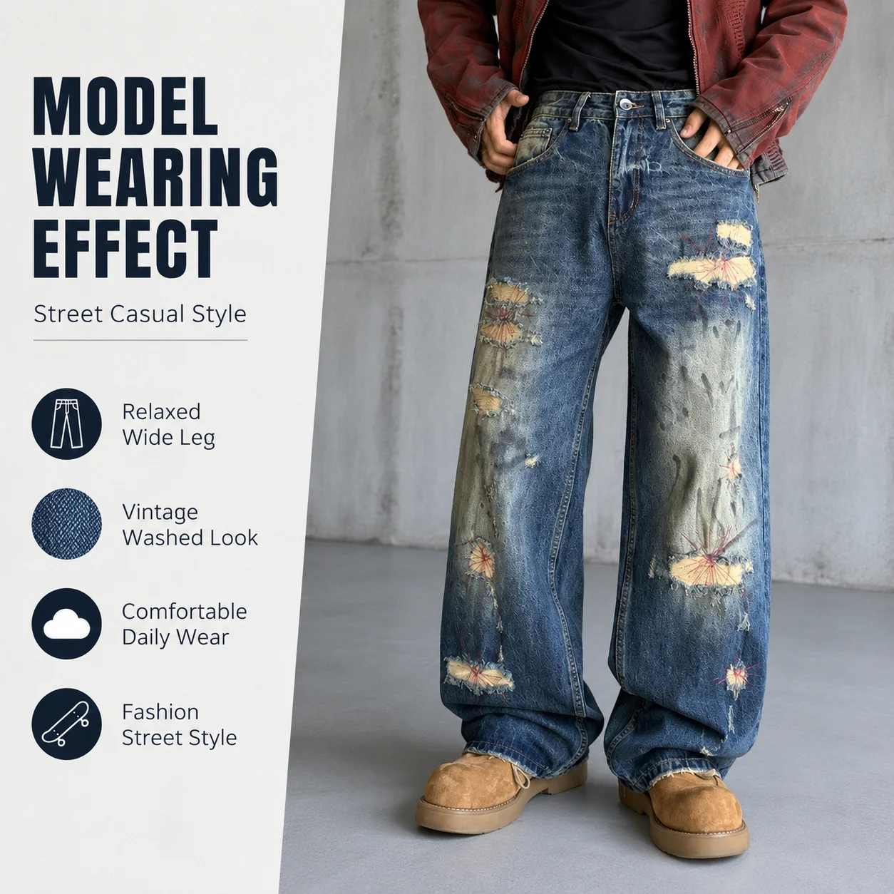 Vintage Style Straight Leg Skateboard Jeans for Teenage Boys Casual Mid Waist Dark Medium Denim Trousers for Autumn Outdoor Wear