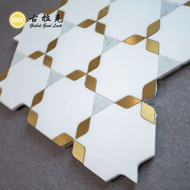 Wall or Floor White Thassos Marble Mosaic Tile Bathroom Waterjet Stone Mosaic Brass Collection supplier