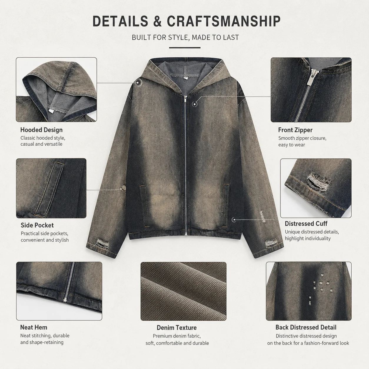 Distressed Hooded Denim Sweatshirt Destroyed Design Sense Men's Niche National Trend High Street Cross-Border