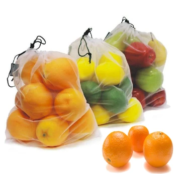 Polyester Reusable Drawstring Vegetable Fruit Grocery Mesh Veggie Bag