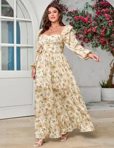 Women's Casual Boho Floral Puff Long Sleeve Maxi Dress Summer Style Chiffon Flowy Smocked Square Collar Woven for Autumn Seasons