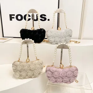 New Fashion Women's Evening Messenger Bags Sweet Rose Pearl Handle Chain Shoulder Bag Elegant Lace Flower Crossbody Bag