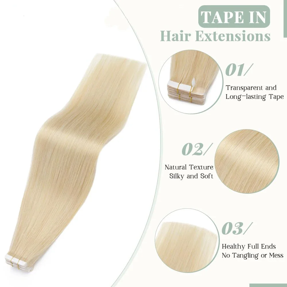 Tape-In-Haarverlängerungen, Echthaar, Nr. 613, gebleichtes Blond, Remy, glatt, Hauttresse, 20-teiliges Set, 16-26 Zoll_voghion.com