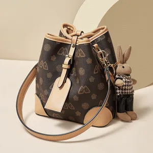 OEM ODM Fashion PU+PVC Leather Women's Bag Fashion Drawstring Shoulder Bag Custom Logo Women's Handbag Crossbody  Bucket Bag