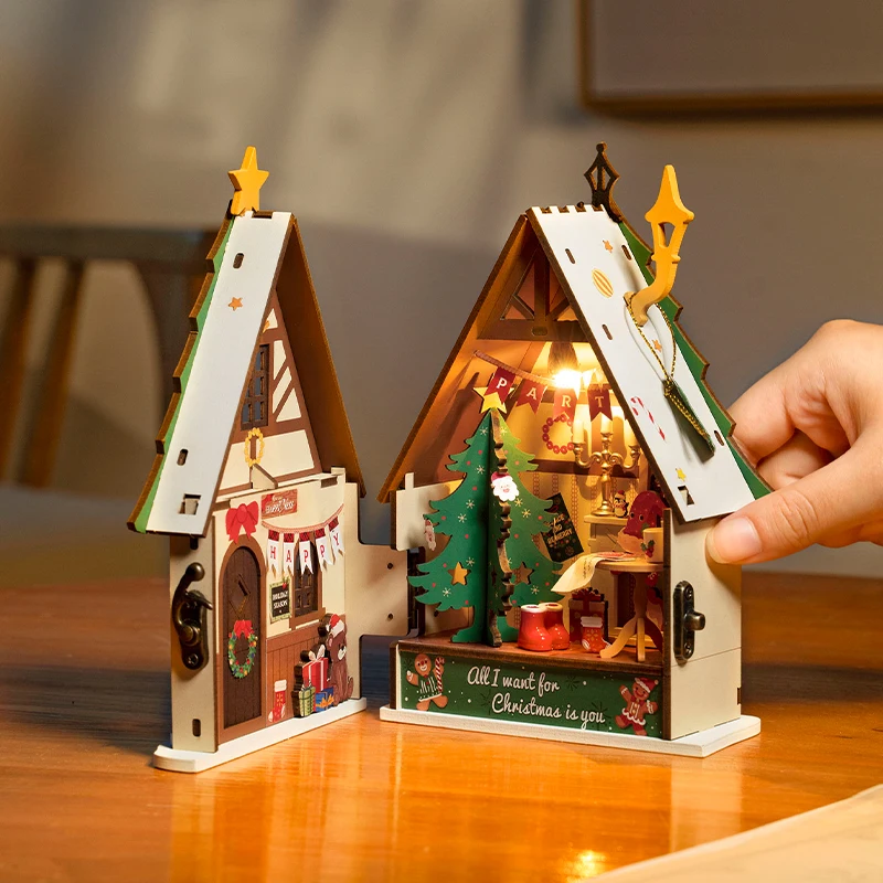 Robotime Rolife Christmas Gifts for Kids DS036 Twinkling Christmas House DIY Miniature Toys 3D Wooden Puzzles