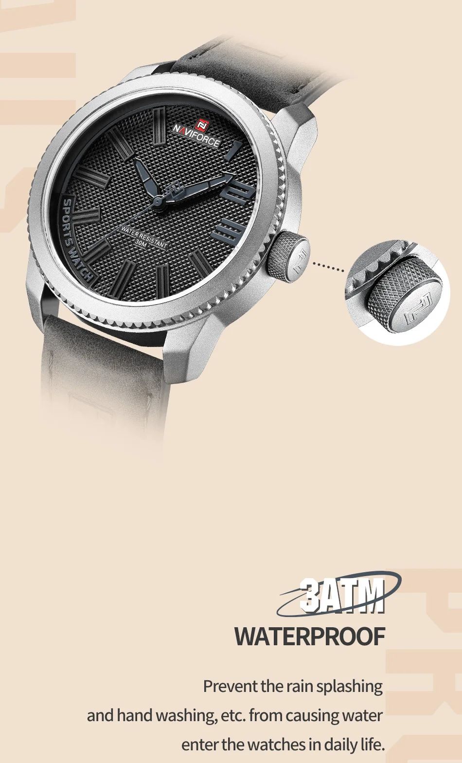 NAVIFORCE Brand 9202L Sports Watch Men Fashion Casual Quartz Wristwatch Male Date Waterproof Leather Analog Clock