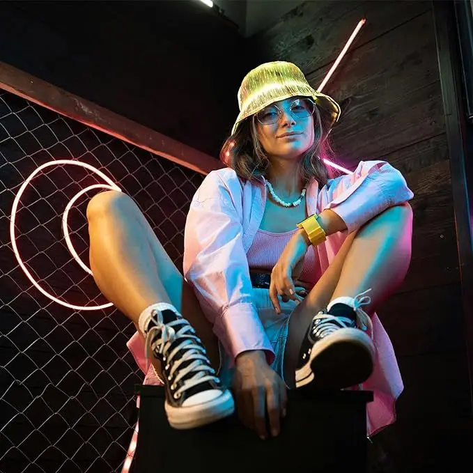 Multicolor LED Cyberpunk Bucket Hat - Light Up Party Cap for