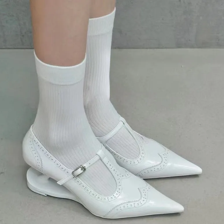 Fashion Pointed Toe T-shaped Carving Mary Jean Wedge Heel Lady Pu Leather Women High Heels Pumps - Image 4