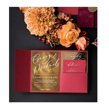 Elegant Affordable Custom Red And Gold Wedding Invitations Velvet Cover Bespoke Romantic Luxury Invites With Gold Foil