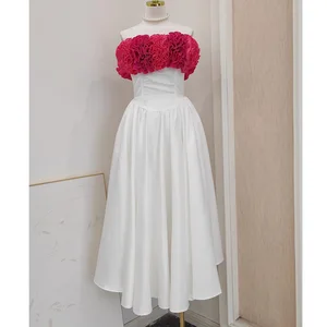 Factory Wholesale Luxury Elegant Three-dimensional Flower Contrast Color Strapless Fishbone Lace-up Bow A-line Party Dress