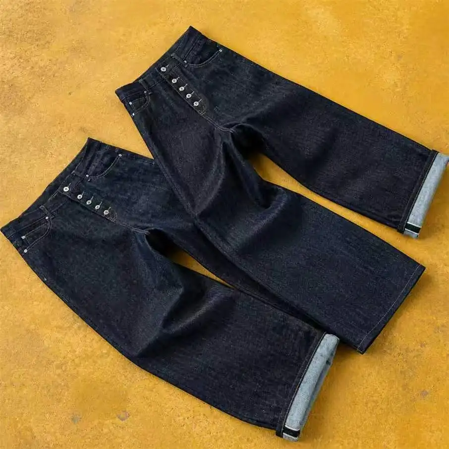 Wholesale Black Mens Jeans Raw Denim Super Baggy Wide Leg Button Fly Floor Length Y2K Streetwear Fashion Men Denim Jeans