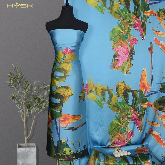 HYSK LOW MOQ super Soft Touch Custom Printing Floral Print Silk Satin Fabric for Dress