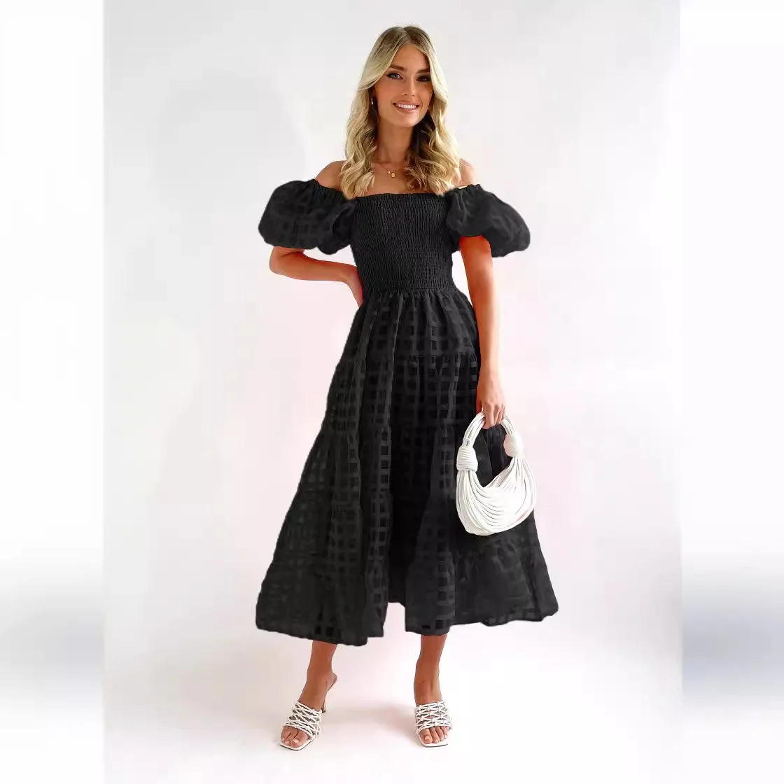 Wholesale Loose Evening Dress pink off Shoulder Dress Puff Sleeve Elegant  Summer Dresses Maxi